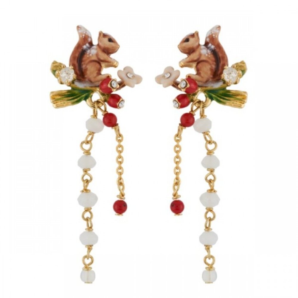 Les Nereides Squirrel On Branch With Snow Dangling Stud Earrings